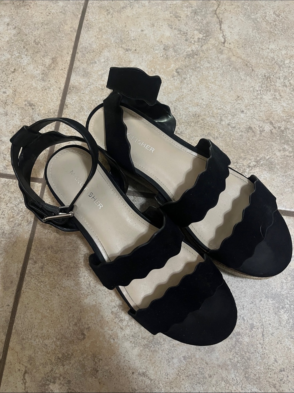 Marc Fisher Black Scalloped Strap Ankle Sandals